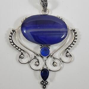 Blue Banded Agate Pendant – With Sapphire Quartz Accent + 20" Silver Chain